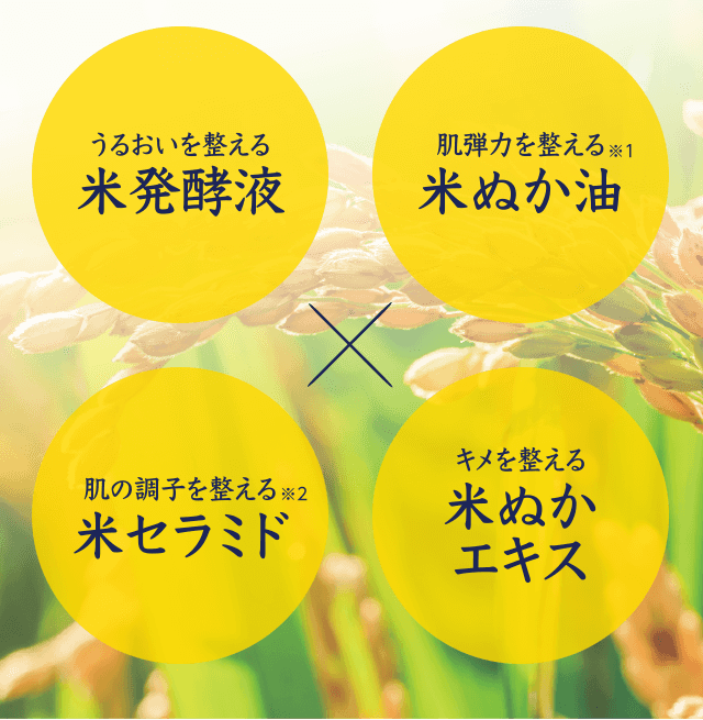 うるおいを整える米発酵液　肌弾力を整える米ぬか油　肌の調整を整える米セラミド　キメを整える米ぬかエキス