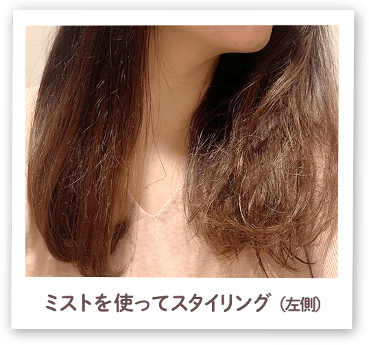 石澤研究所スタッフがやってみました! KAIZEN ミスト ボリュームダウン ミストを使ってスタイリング(左側)