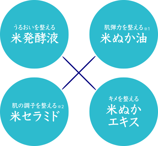 うるおいを整える米発酵液　肌弾力を整える※1米ぬか油　肌の調子を整える※2米セラミド　キメを整える米ぬかエキス