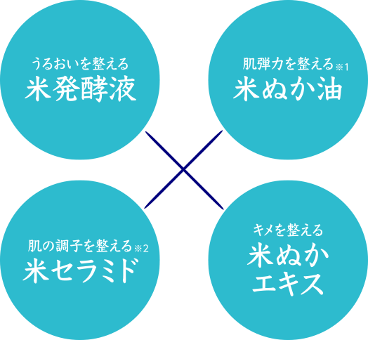 うるおいを整える米発酵液　肌弾力を整える米ぬか油　肌の調子を整える米セラミド　キメを整える米ぬかエキス