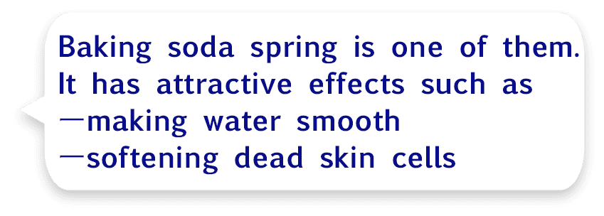 Baking soda spring is one of them.
          It has attractive effects such as making water smooth softening dead skin cells