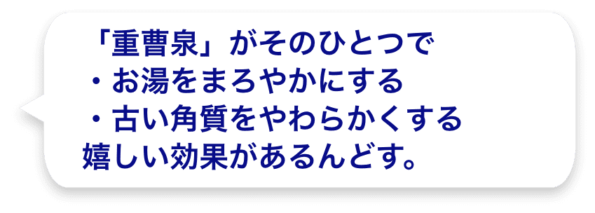 「重曹泉」がそのひとつで・お湯をまろやかにする・古い角質をやわらかくする嬉しい効果があるんどす。