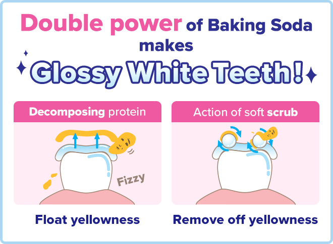 Double power of Baking Soda
makes Glossy White Teeth!　Float yellowness・Remove off yellowness