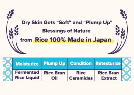 Dry Skin Gets ＂Soft” and ＂Plump Up” Blessings of Nature from Rice 100% Made in Japan Moisturize Fermented Rice Liquid Plump Up Rice Bran Oil　Condition Rice Ceramides　Retexturize Rice Bran Extract