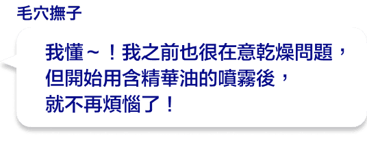我懂～！我之前也很在意乾燥問題,但開始用含精華油的噴霧後,就不再煩惱了！