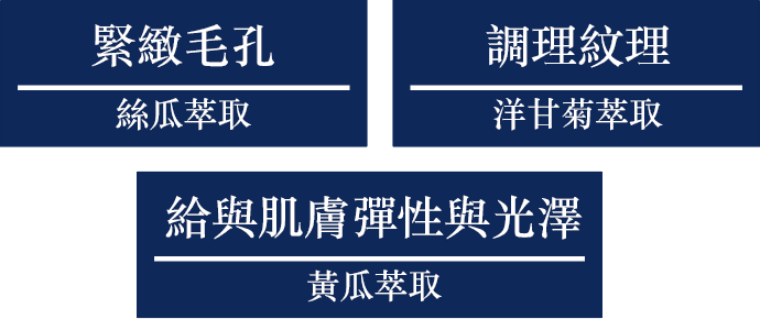 緊緻毛孔絲瓜萃取 調理紋理洋甘菊萃取 給與肌膚彈性與光澤黃瓜萃取