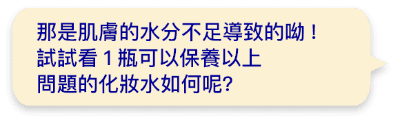 那是肌膚的水分不足導致的呦!試試看1瓶可以保養以上問題的化妝水如何呢？