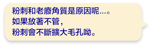 粉刺和老廢角質是原因呢...。如果放著不管，粉刺會不斷擴大毛孔呦。