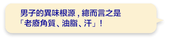 男子的異味根源,總而言之是「老廢角質、油脂、汗」!