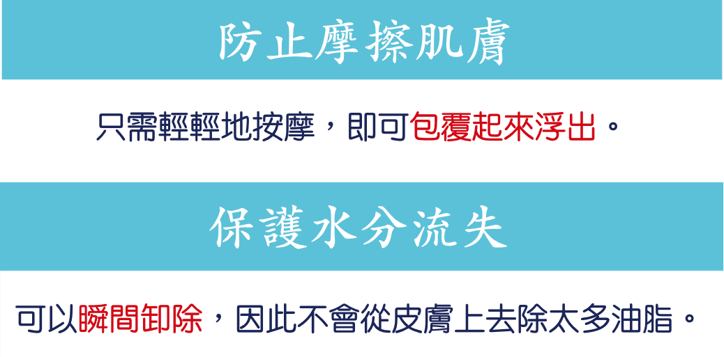 防止摩擦肌膚：只需輕輕地按摩，即可包覆起來浮出。保護水分流失：可以瞬間卸除，因此不會從皮膚上去除太多油脂。