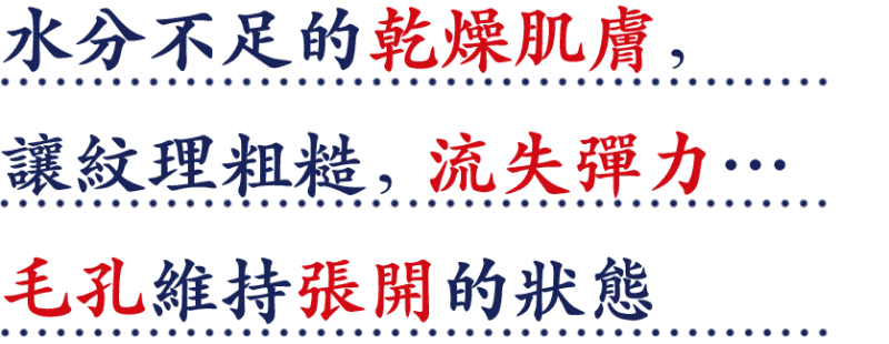 水分不足的乾燥肌膚讓肌膚紋理粗糙,流失彈力...毛孔維持張開的狀態