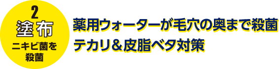 2 塗布　ニキビ菌を殺菌 薬用ウォーターが毛穴の奥まで殺菌＆テカリ＆皮脂ベタ対策