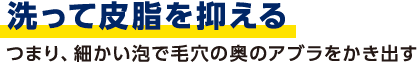 洗って皮脂を抑える　つまり、細かい泡で毛穴の奥のアブラをかき出す