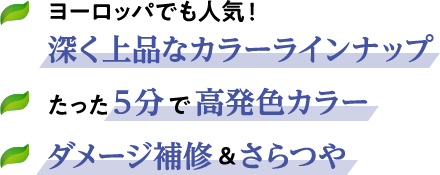 ヨーロッパでも人気！深く上品なカラーラインナップ　たった5分で高発色カラー　ダメージ補修＆さらつや