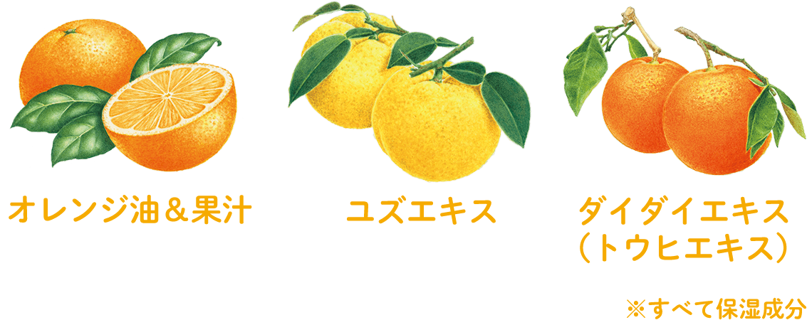 配合されている柑橘成分：オレンジ油＆果汁、ユズエキス、ダイダイエキス（トウヒエキス）※すべて保湿成分