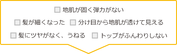 地肌が固く弾力がない　髪が細くなった　分け目から地肌が透けて見える　髪にツヤがなく、うねる　トップがふんわりしない