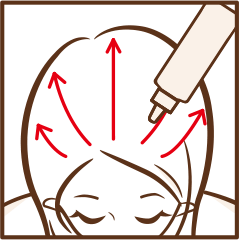 美容液を図の矢印方向に、スジをつけるように地肌へ直接つけてください。