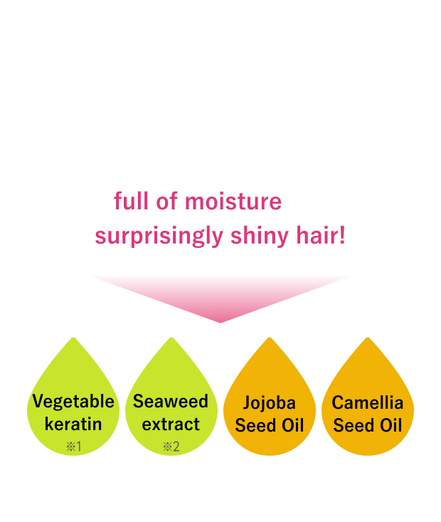 Intensive Damage Care ★Shine UP Vividly colored, but damaged hair is less attractive! Gives a full of moisture and makes surprisungly shiny hair! Vegetable keratin Seaweed extract Jojoba Seed Oil Camellia Seed Oil (All of them are moisturizers) *1 Hydrolyzed pea protein *2 Gloiopeltis furcata extract