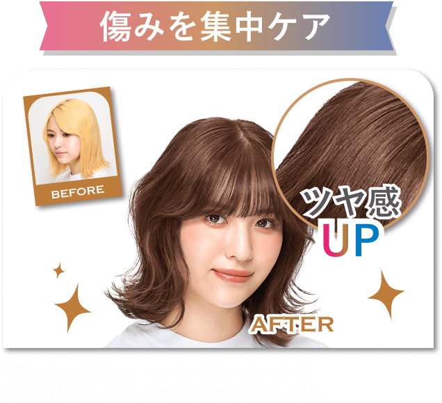痛みを集中ケア ツヤ感UP 画面の表示と実際の仕上がりとは多少異なります。健康毛や黒髪・白髪には発色しないことがあります。