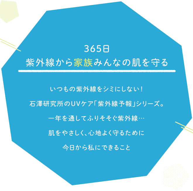 日差しきらめく青空をみんなで一緒に　お出かけの日はいつだって晴れて欲しいけど気になるのはふりそそぐ紫外線...　肌をやさしく、心地よく守るために今日から私にできること