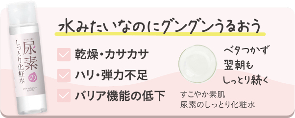 水みたいなのにぐんぐんうるおう　乾燥・かさかさ　ハリ・弾力不足　バリア機能の低下　べたつかず翌朝もしっとり続く　すこやか素肌　尿素のしっとり化粧水