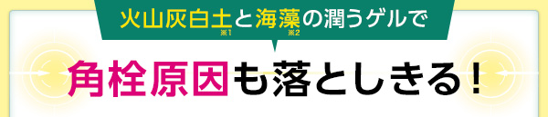 火山灰白土(※1)と海藻(※2)の潤うゲルで角栓原因も落としきる!