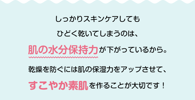 しっかりスキンケアしてもひどく乾いてしまうのは、肌の水分保持力が下がっているから。乾燥を防ぐには肌の保湿力をアップさせて、すこやか素肌を作ることが大切です！