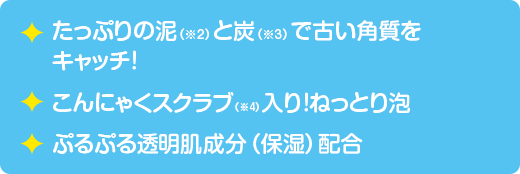 たっぷりの泥（※2）と炭（※3）で古い角質をキャッチ！　こんにゃくスクラブ（※4）入り！ねっとり泡　ぷるぷる透明肌成分（保湿）配合