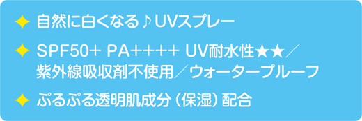 自然に白くなる♪UVスプレー　SPF50＋ PA＋＋＋＋/紫外線吸収剤不使用/ウォータープルーフ　ぷるぷる透明肌成分（保湿）配合